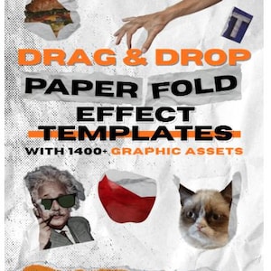 Może przedstawiać: Mockup produktu cyfrowego prezentujący efekt składania papieru z różnymi zasobami graficznymi. Tekst "DRAG & DROP PAPER FOLD EFFECT TEMPLATES WITH 1400+ GRAPHIC ASSETS" jest wyświetlany pogrubioną czarną czcionką. Tekst "COMPATIBILITY WITH PREMIERE PRO AFTER EFFECTS 1080p & 4K RESOLUTION" jest wyświetlany białym kolorem na czarnym tle. Tekst "https://premieretemplates.store" jest wyświetlany białym kolorem na czarnym tle. Tekst "PT" jest wyświetlany białym kolorem na czarnym tle.