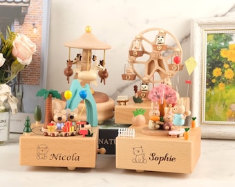 Boîte à musique personnalisée pour enfants, Boîte à musique avec nom gravé, Boîte à musique pour bébé pour cadeau de douche, Boîtes à musique en bois, Jouets carrousel pour cadeaux d'anniversaire