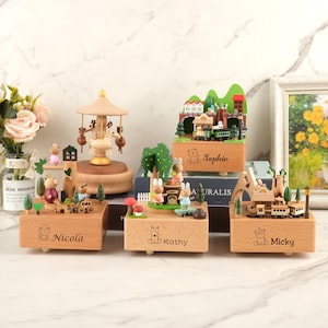Boîte à musique en bois personnalisée, Boîte à musique avec nom sculpté, Cadeau de baby shower, Cadeau boîte à musique personnalisée, Lapin se balançant, Cadeau
