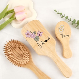 Custom Birth Flower Hair Brush, Name Brush, Weeding Gift, Keepsake Gift,, Bamboo Paddle Hairbrush, Dance Team Gift, Valentine Gift