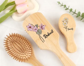 Custom Birth Flower Hair Brush, Name Brush, Weeding Gift, Keepsake Gift,, Bamboo Paddle Hairbrush, Dance Team Gift, Valentine Gift