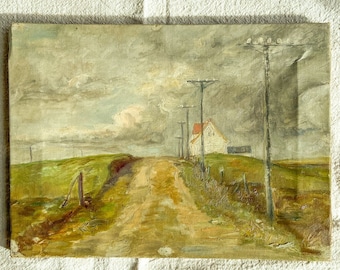 Danish Coastal Cottage Oil Painting, Unsigned Vintage Mid-Century Landscape, Scandinavian Art