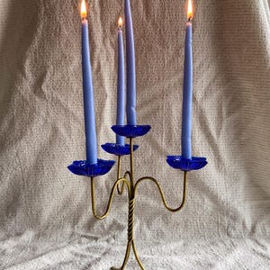 Swedish midcentury candelabra, brass and blue glass, in the style of Gunnar Ander, 1950s, Ystad Metall, Sweden