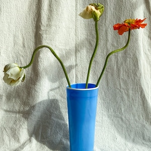 Cased glass vase, sky blue and white, extra tall, vintage glass, Scandinavian interior