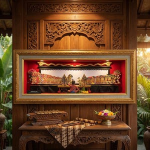 Inramat javanesiskt Wayang Kulit-diorama | Traditionell indonesisk skuggdocka-väggkonst | Handgjord kulturell utställning