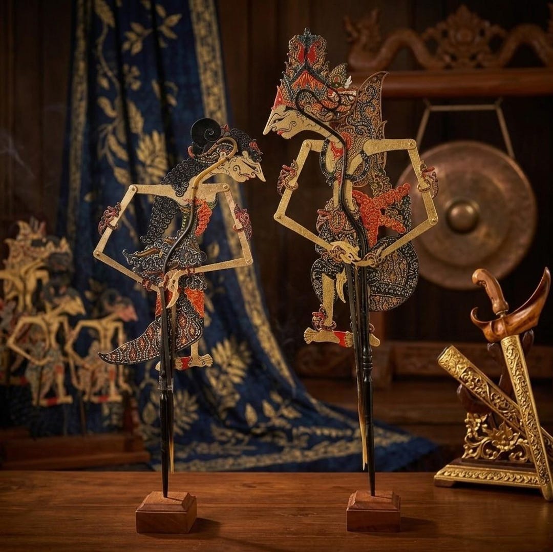 インドネシア　ワヤン人形2体（RAMA、SHINTA） Large Rama Shinta Shadow Puppet – Handmade Indonesian Wayang Kulit