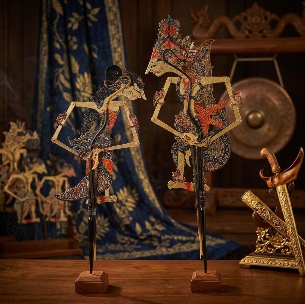 インドネシア　ワヤン人形2体（RAMA、SHINTA） Large Rama Shinta Shadow Puppet – Handmade Indonesian Wayang Kulit