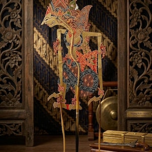 Large Rama Shadow Puppet – Handmade Indonesian Wayang Kulit Wall Decor, Javanese Leather Art