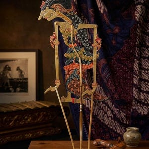 Gran marioneta de sombra Shinta – Decoración de pared Wayang Kulit indonesia hecha a mano, arte de cuero javanés
