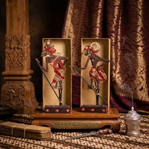 Puede incluir: Dos marionetas de sombra wayang kulit javanesas exhibidas en cajas verticales individuales sobre un soporte de madera. Las marionetas presentan detalles perforados complejos, acentos rojos y dorados, y están montadas en varillas negras.
