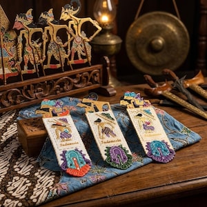 Könnte beinhalten: Drei indonesische Lesezeichen mit aufwendigen Designs und dem Wort "Indonesia" aufgedruckt. Sie liegen auf einem blau gemusterten Stoff, mit traditionellen indonesischen Puppen und kulturellen Artefakten im Hintergrund.