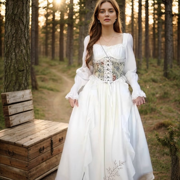 Milkmaid Renaissance Dress with Corset Belt, White Fairy Dress, Ren Faire Guest Dress, Cottagecore Dress, Renaissance Dress Skirt