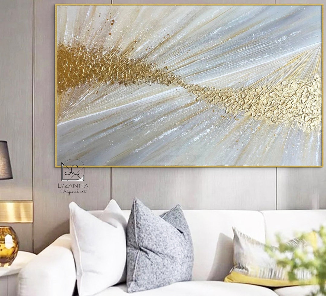 Extra Large White Gold Textured Abstract Painting on Canvas Trendy Wall