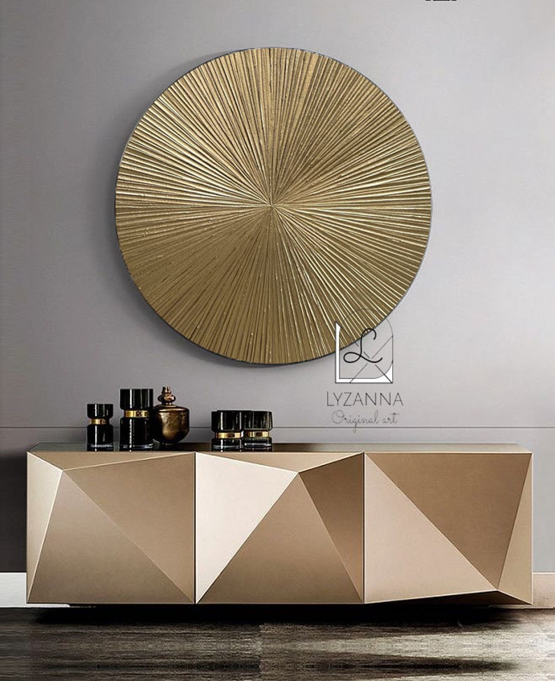 Oversized Round Gold Wall Decor Large Golden Circle Textured Oil