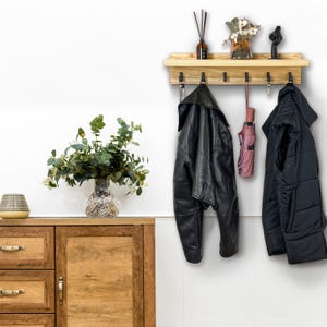 Shelf with hooks and ledge, coat rack, wooden peg rail, entryway decor 60cm