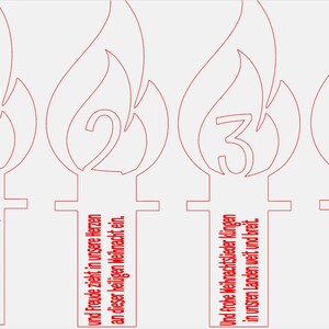 May include: Four red outlined candles with numbers 1 through 4 and text below each candle. The text reads: "And wieder strahlen Weihnachtskerzen und wieder loht der Flamme Schein," "und Freude zieht in unsere Herzen an dieser heiligen Weihnacht ein.", "Und frohe Weihnachtslieder klingen in unsren Landen weit und breit.", "Oh welch ein Jubel, welch ein Singen! Oh wundervolle Weihnachtszeit!"