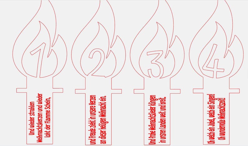 May include: Four red outlined candles with numbers 1 through 4 and text below each candle. The text reads: "And wieder strahlen Weihnachtskerzen und wieder loht der Flamme Schein," "und Freude zieht in unsere Herzen an dieser heiligen Weihnacht ein.", "Und frohe Weihnachtslieder klingen in unsren Landen weit und breit.", "Oh welch ein Jubel, welch ein Singen! Oh wundervolle Weihnachtszeit!"