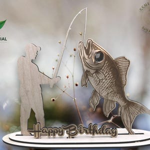 Figura de pescador de madera con la suerte, feliz cumpleaños, SVG, regalo de dinero para pescador, figura de pez de pesca, archivo cortado con láser, licencia de uso comercial xcs