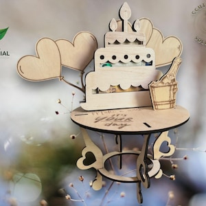 Archivo cortado con láser: Mesa de feliz cumpleaños con regalo sorpresa en efectivo en el pastel xcs SVG, regalo de cumpleaños en miniatura, uso comercial