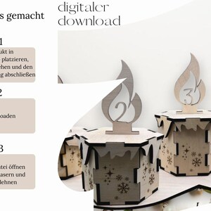 May include: A digital download for a Christmas advent calendar. The image shows three wooden boxes with a flame design and numbers 2, 3, and 4. The text on the left side of the image reads "Formate SVG XCS PDF" and "so wird's gemacht download". The text on the right side of the image reads "digitaler download".