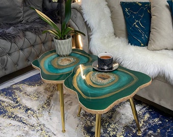 2 x  Large Nesting handmade Teal turquoise geode table set Epoxy art agate coffee/side table with gold metal legs table set