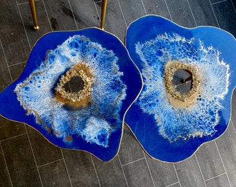 2 x Grote Nesting handgemaakte blauwe geode tafelset Epoxy kunst agaat koffie/bijzettafel met gouden metalen poten tafelset