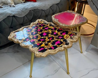 2 x Nesting Handmade Large gold pink tiger table set Epoxy art coffee/side table with gold metal legs stone crystal table set