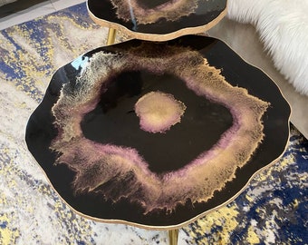 2 x  Large Nesting handmade black  geode table set Epoxy art agate coffee/side table with gold metal legs table set