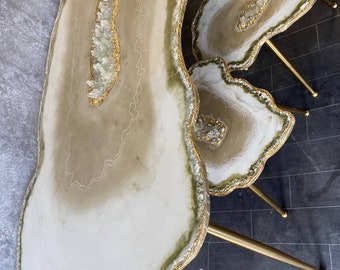 3 x Handmade Large Nesting white beige geode table set Epoxy art agate coffee/side table with gold metal legs gold leaf crystal table set