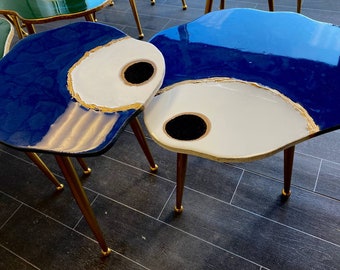 2 x  Large Nesting handmade eye blue geode table set evil eye Epoxy art agate coffee/side table with gold metal legs table set