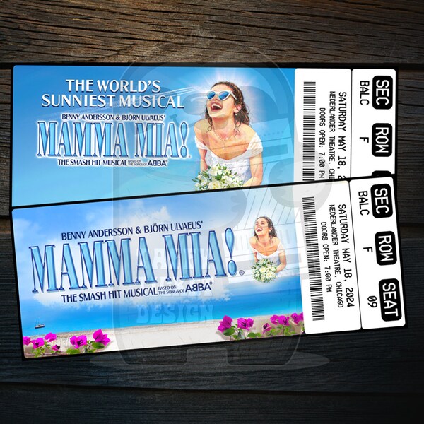 Printable Mamma Mia Musical Theatre Ticket | Personalized Broadway/West End Surprise Gift Reveal | Editable Keepsake | Instant PDF Download