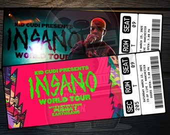 Printable Kid Cudi Ticket Insano World Tour | Personalized Music Concert Show Surprise Gift Reveal | Editable Keepsake | Instant Download