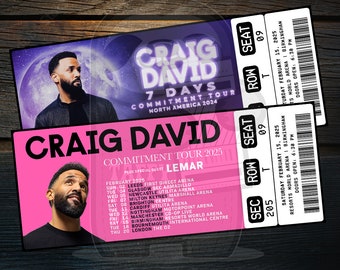 Printable Craig David Ticket Commitment Tour | Personalized Music Concert Show Surprise Gift Reveal | Editable Keepsake | Instant Download