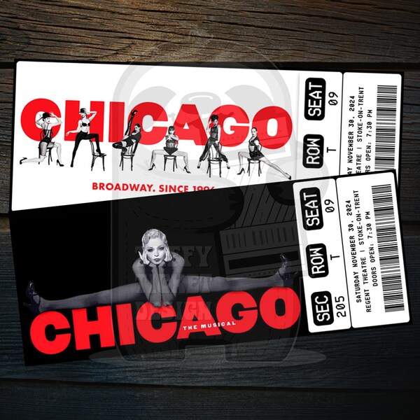 Printable Chicago Musical Theatre Ticket | Personalized Broadway/West End Surprise Gift Reveal | Editable Keepsake | Instant PDF Download