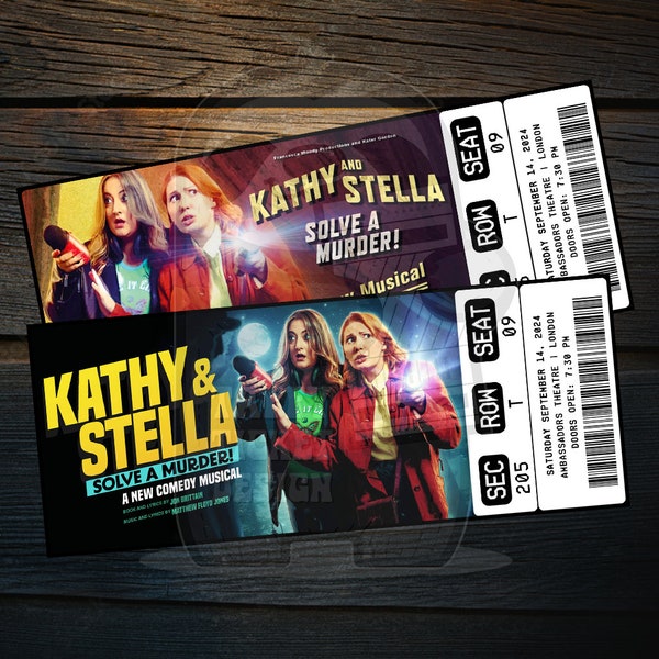 Kathy y Stella imprimibles resuelven un boleto de teatro musical de asesinato / Revelación de regalo sorpresa personalizada / Recuerdo editable / Descarga instantánea