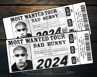 Printable Bad Bunny Ticket Most Wanted Tour | Personalized Music Concert Show Surprise Gift Reveal | Editable Keepsake | Instant Download