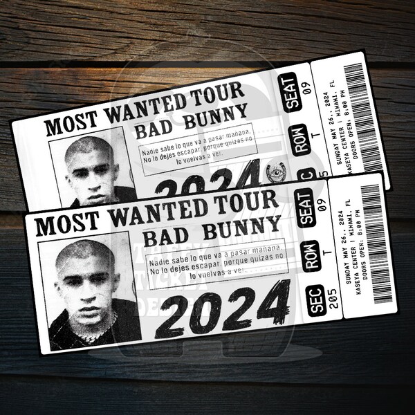 Printable Bad Bunny Ticket Most Wanted Tour | Personalized Music Concert Show Surprise Gift Reveal | Editable Keepsake | Instant Download