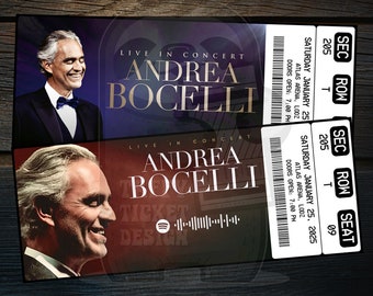 Imprimible Andrea Bocelli Ticket Live Tour 2024 / Espectáculo de concierto de música personalizado Revelación de regalo sorpresa / Recuerdo editable / Descarga instantánea