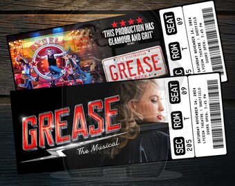 Printable Grease The Musical Theatre Ticket | Personalized Broadway/West End Surprise Gift Reveal | Editable Keepsake | Instant Download