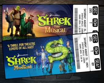 Shrek imprimible El boleto para el teatro musical / Revelación de regalo sorpresa personalizada de Broadway/West End / Recuerdo editable / Descarga instantánea en PDF