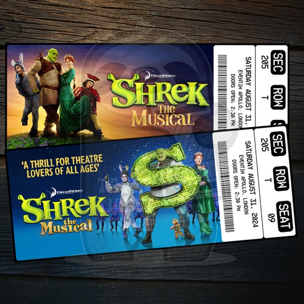 Printable Shrek The Musical Theatre Ticket | Personalized Broadway/West End Surprise Gift Reveal | Editable Keepsake | Instant PDF Download