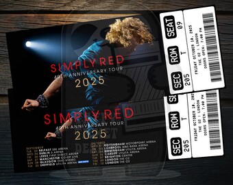 Printable Simply Red Ticket 40Th Anniversary Tour | Personalized Music Concert Show Gift Reveal | Editable Keepsake | Instant Download