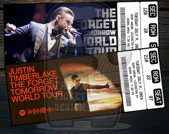 Druckbares Justin Timberlake-Ticket für die Forget Tomorrow World Tour | Personalisierte Musikkonzert-Geschenkpräsentation | Bearbeitbarer Andenken-Download