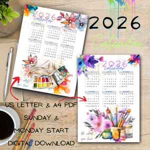 Calendario anual 2026, descarga digital, imprimible, con diseño floral y artístico, con acuarela, tamaño A4 y carta de EE. UU., lunes y domingo, inicio en PDF.