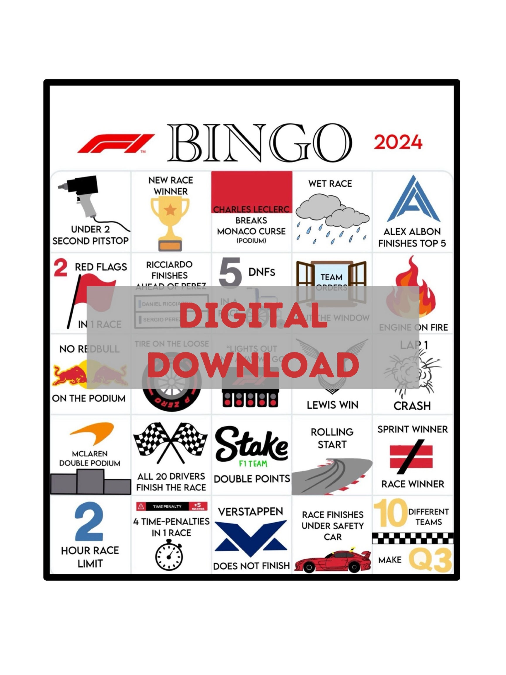 F1 Bingo Card 2024 Template 2 - Etsy