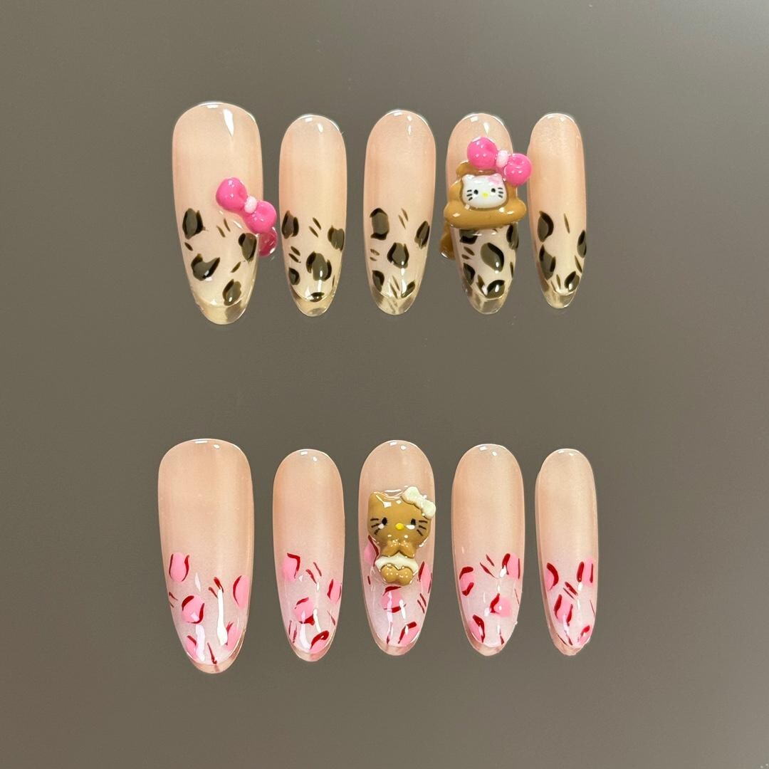 Hello Kitty French Tip Brown & Pink Cheetah Press on Nails for Fall ...