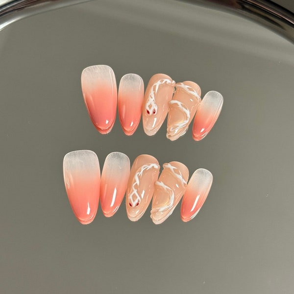 Coral pink ombre long almond nails with snakes | pretty press on | nail tips | thick fake nails | nail set | press on nails long coffin