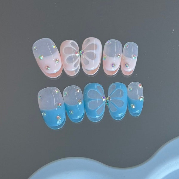 Pink & blue french tip press on nails short almond with rhinestones | cute press on | press on acrylic nails| short press on nails