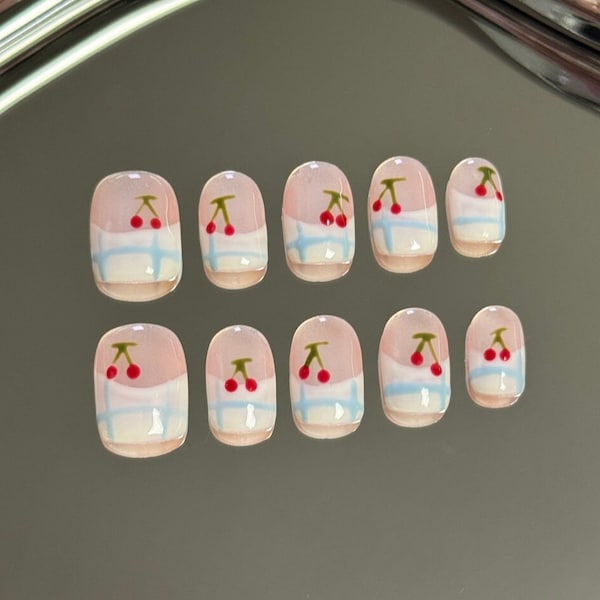 Blue plaid french tips Cherry press on nails short | cute press ons | press on acrylic nails | Faux Acrylic Nails | press on nails coffin