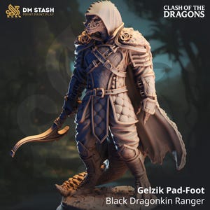 May include: A detailed figurine of Gelzik Pad-Foot, a Black Dragonkin Ranger, wearing a hooded cloak and armour. The figure is holding a curved blade. The image includes the text "DM STASH PRINT.PAINT.PLAY" and "CLASH OF THE DRAGONS".